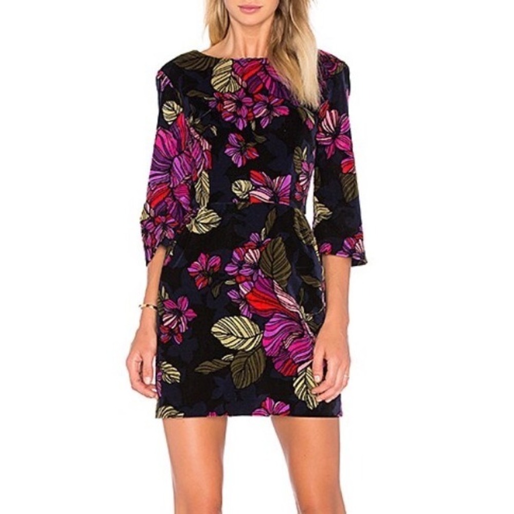 Trina Turk 4 Black Floral Velvet Sheath Mini Dress Festive Cocktail Evening